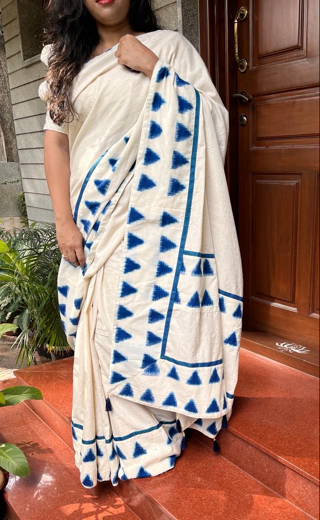 White Ikkat Designer Cotton Saree | Swathi Nanda Sarees