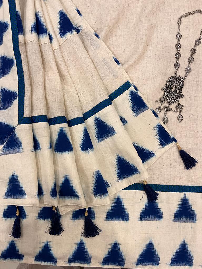 White Ikkat Designer Cotton Saree | Swathi Nanda Sarees