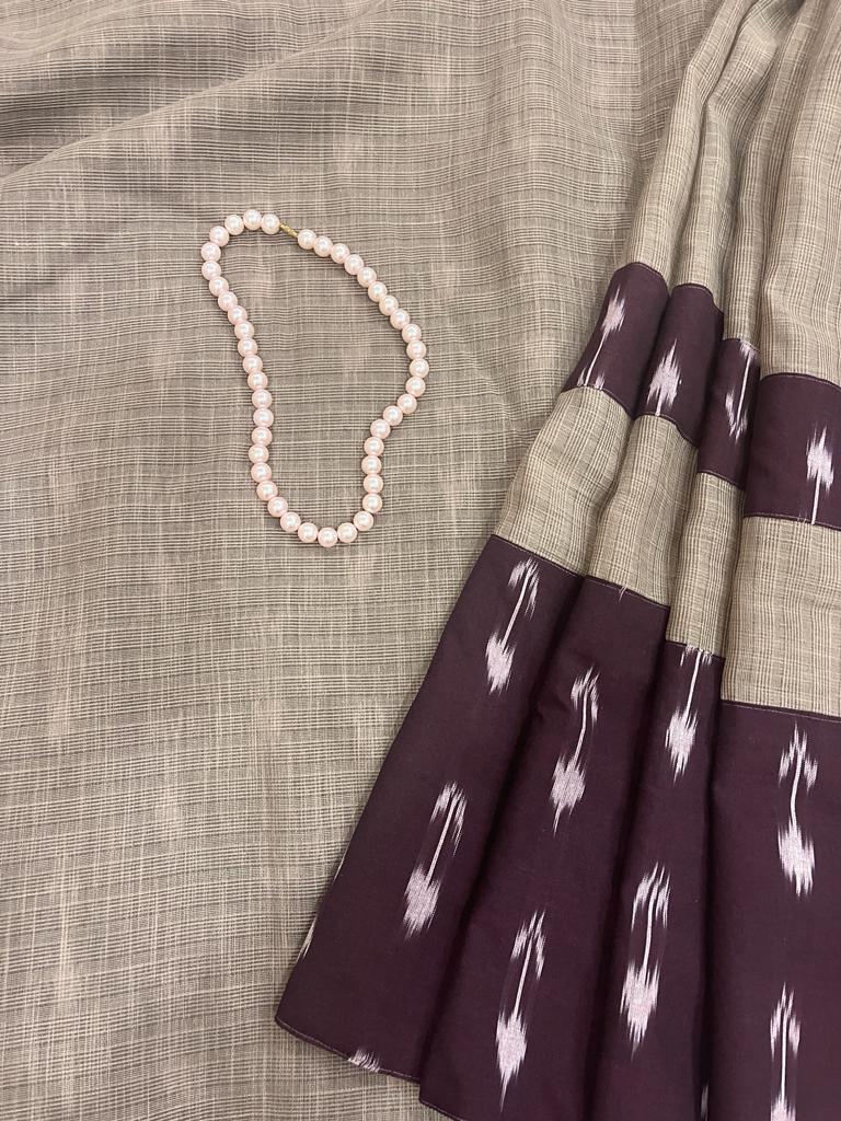 Grey Wine Ikkat Designer Cotton Saree | Swathi Nanda Sarees