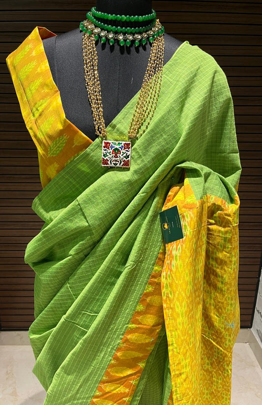 Yellow and Green Ikkat Designer Cotton Saree | Swathi Nanda Sarees