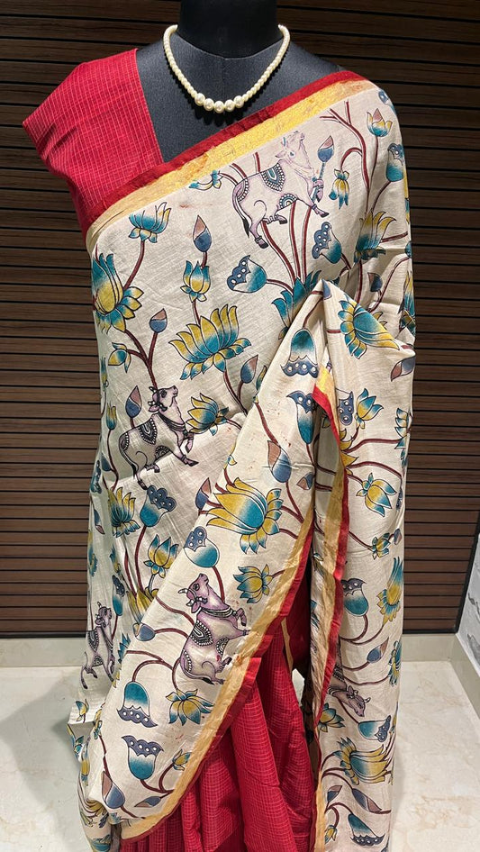 Cream and Maroon Cotton Designer Kalamkari Saree | Swathi Nanda Sarees