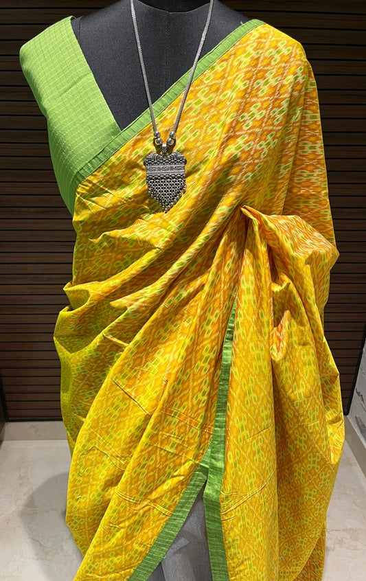 Grey and Yellow Ikkat Designer Cotton Saree | Swathi Nanda Sarees