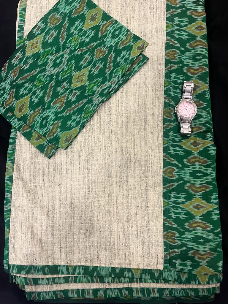 Green and Olive Ikkat Designer Cotton Saree | Swathi Nanda Sarees