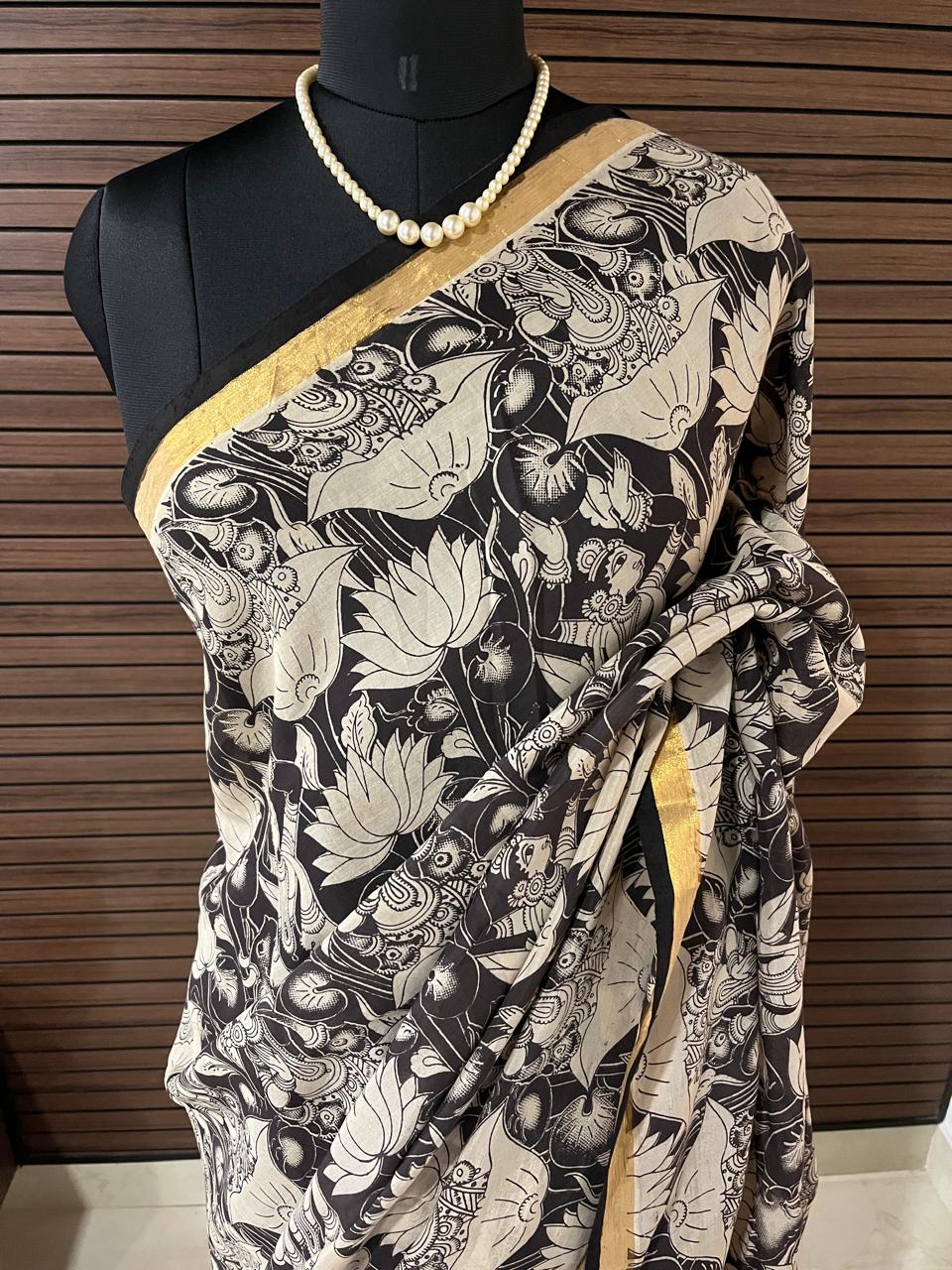 Cream and Black Cotton Designer Kalamkari Saree | Swathi Nanda Sarees