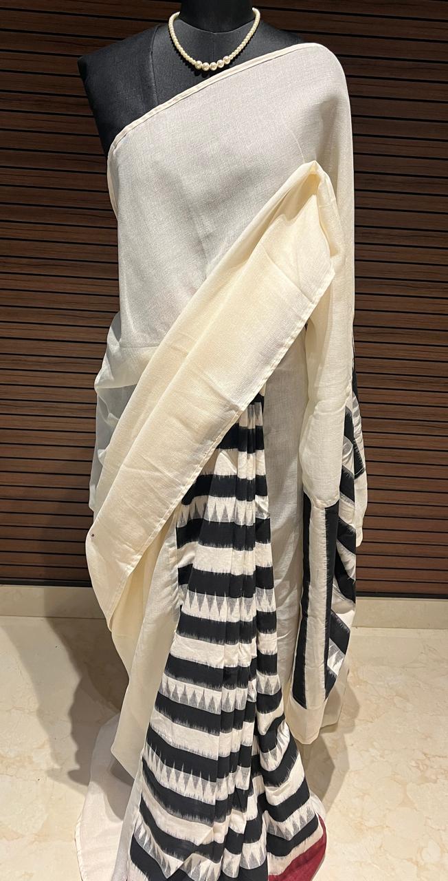 Cream and Black Jutenet Pochampally Ikkat Saree