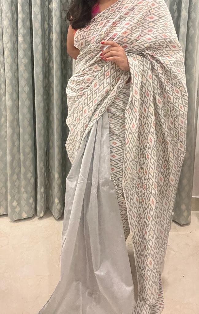 White and Grey pochampally Ikkat Designer Saree | Swathi Nanda Sarees