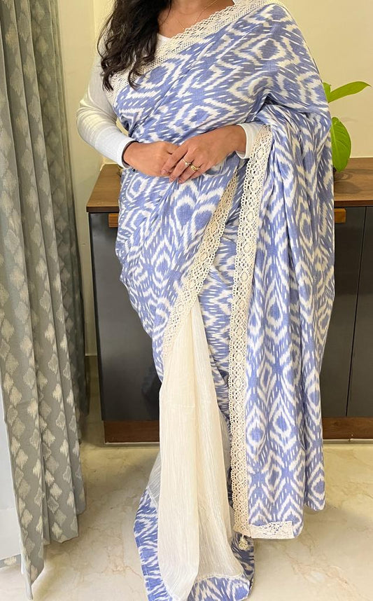 Cream and Blue Ikkat Designer Cotton Saree | Swathi Nanda Sarees