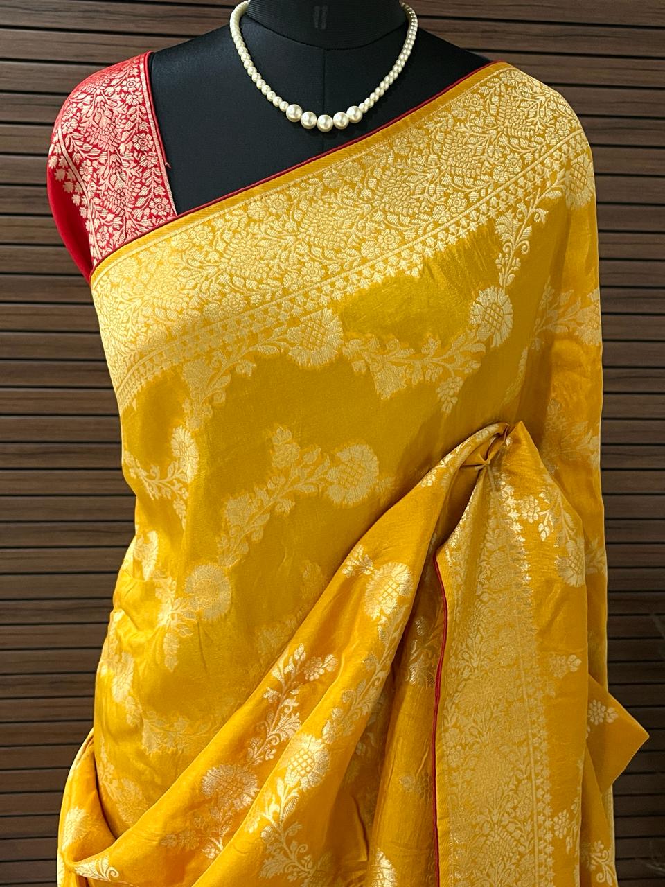 Mustard yellow Banarasi Saree | Swathi Nanda Sarees