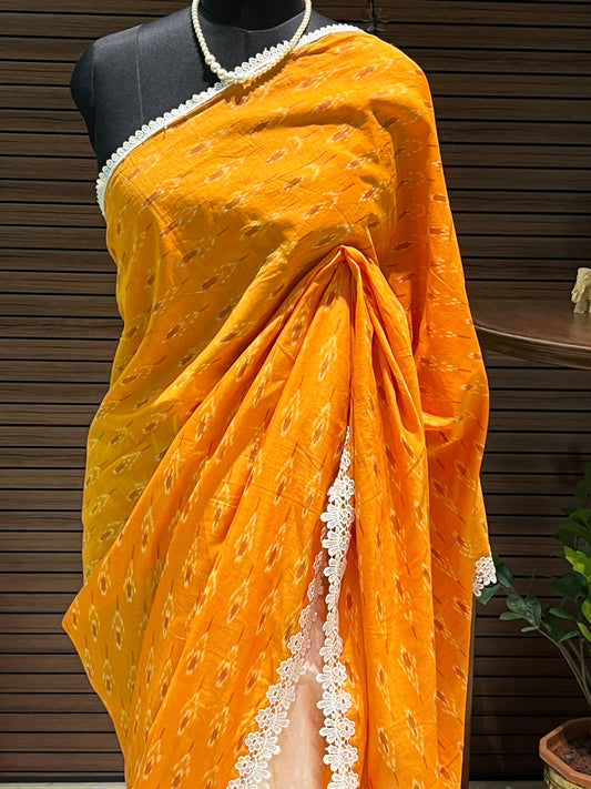 Cream and Orange Ikkat Designer Cotton Saree | Swathi Nanda Sarees