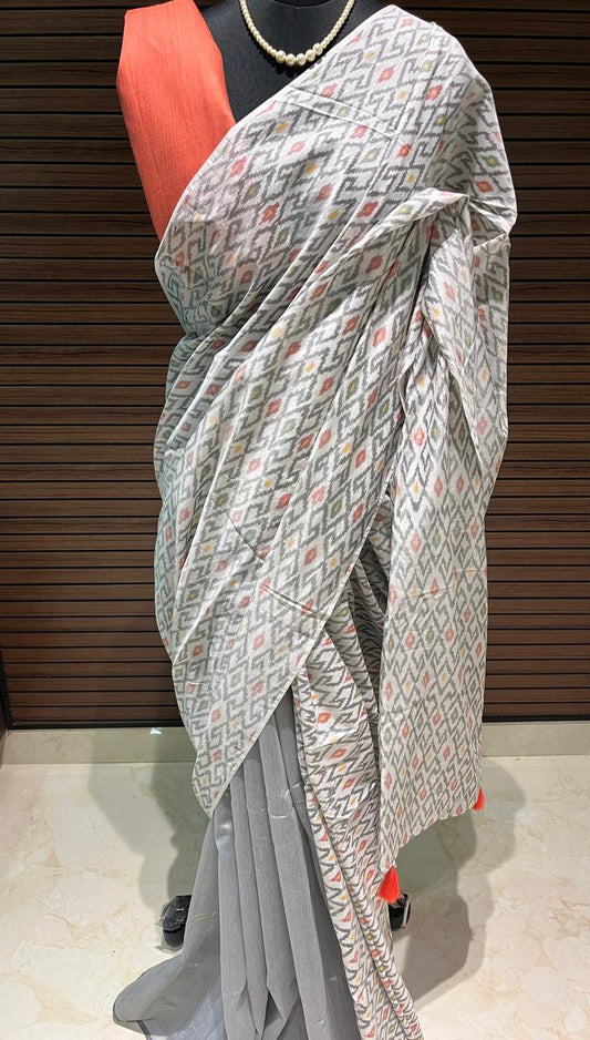 White and Grey pochampally Ikkat Designer Saree | Swathi Nanda Sarees