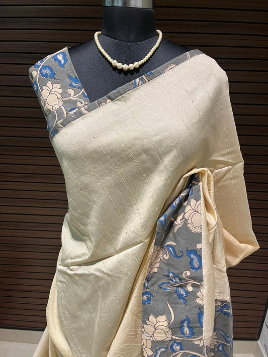 Cream and Grey Cotton Designer Kalamkari Saree | Swathi Nanda Sarees