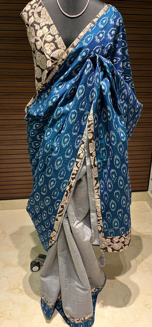 Blue and grey Ikkat Designer Cotton Saree | Swathi Nanda Sarees