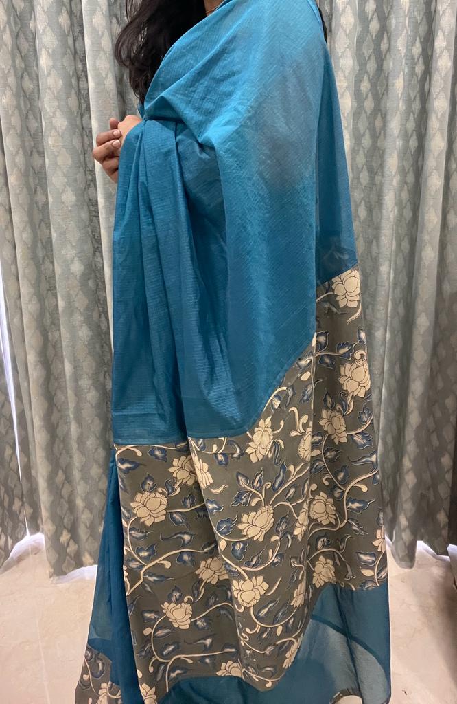 Blue and Grey Cotton Designer Kalamkari Saree | Swathi Nanda Sarees