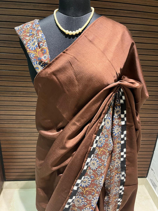 Brown and yellow Cotton Designer Kalamkari Saree | Swathi Nanda Sarees