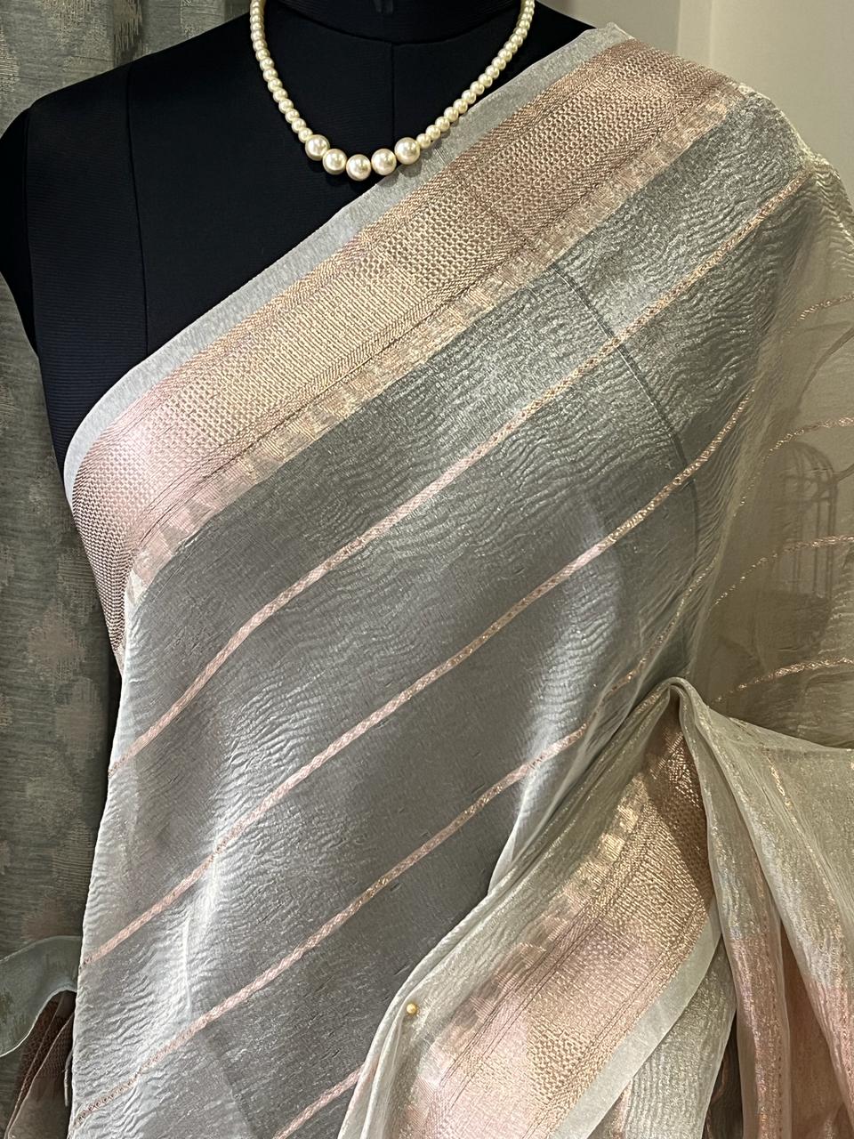 Silver Grey Tissue Banarasi Saree | Swathi Nanda Sarees