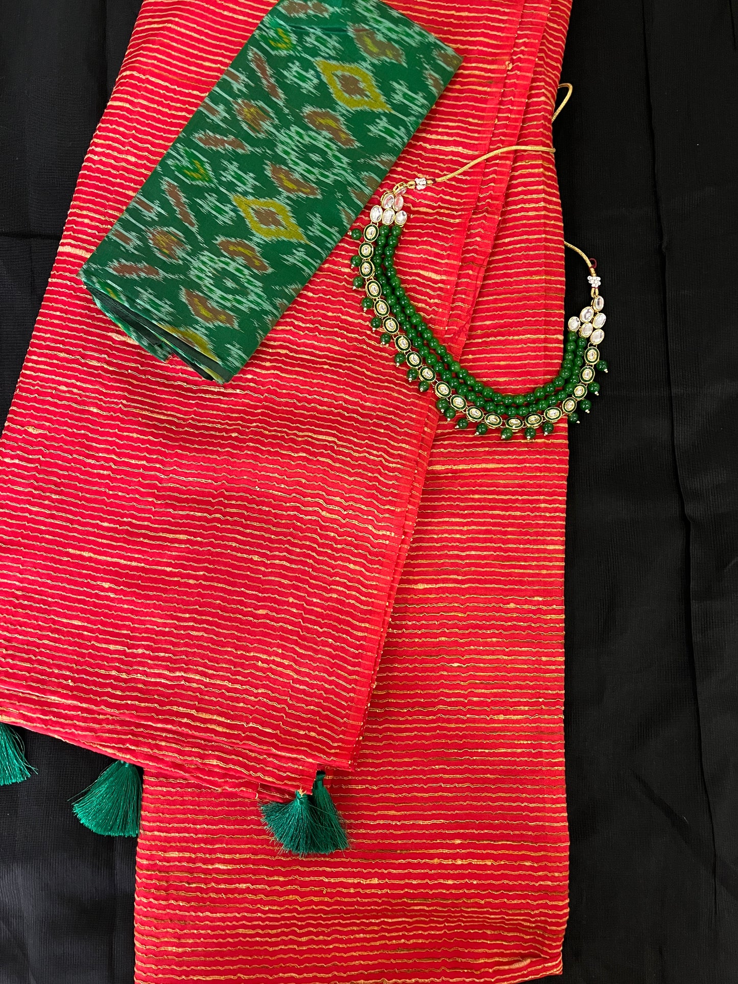 Red Semi Tussar Saree with pochampally Ikkat Blouse | Swathi Nanda Sarees