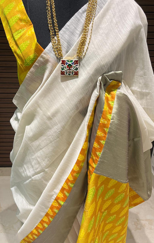 Cream and Green Ikkat Designer Cotton Saree | Swathi Nanda Sarees