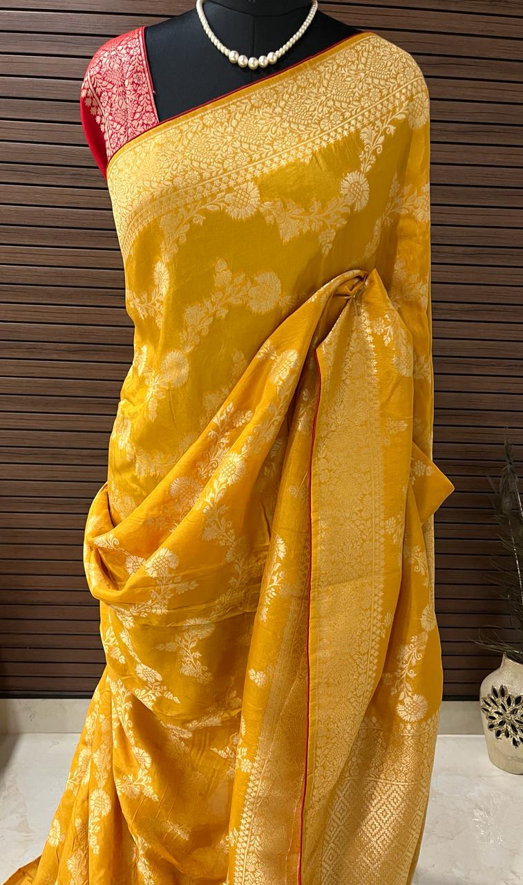 Mustard yellow Banarasi Saree | Swathi Nanda Sarees