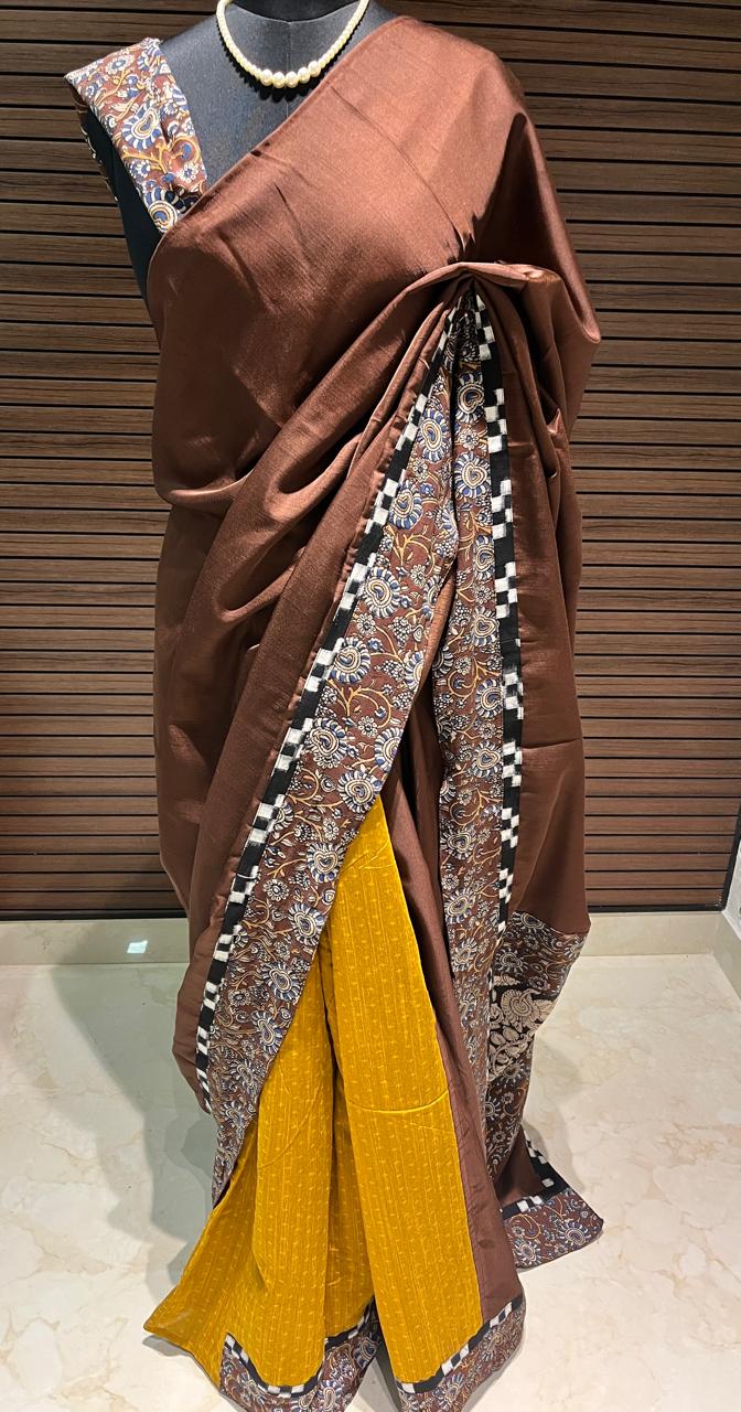 Brown and yellow Cotton Designer Kalamkari Saree | Swathi Nanda Sarees