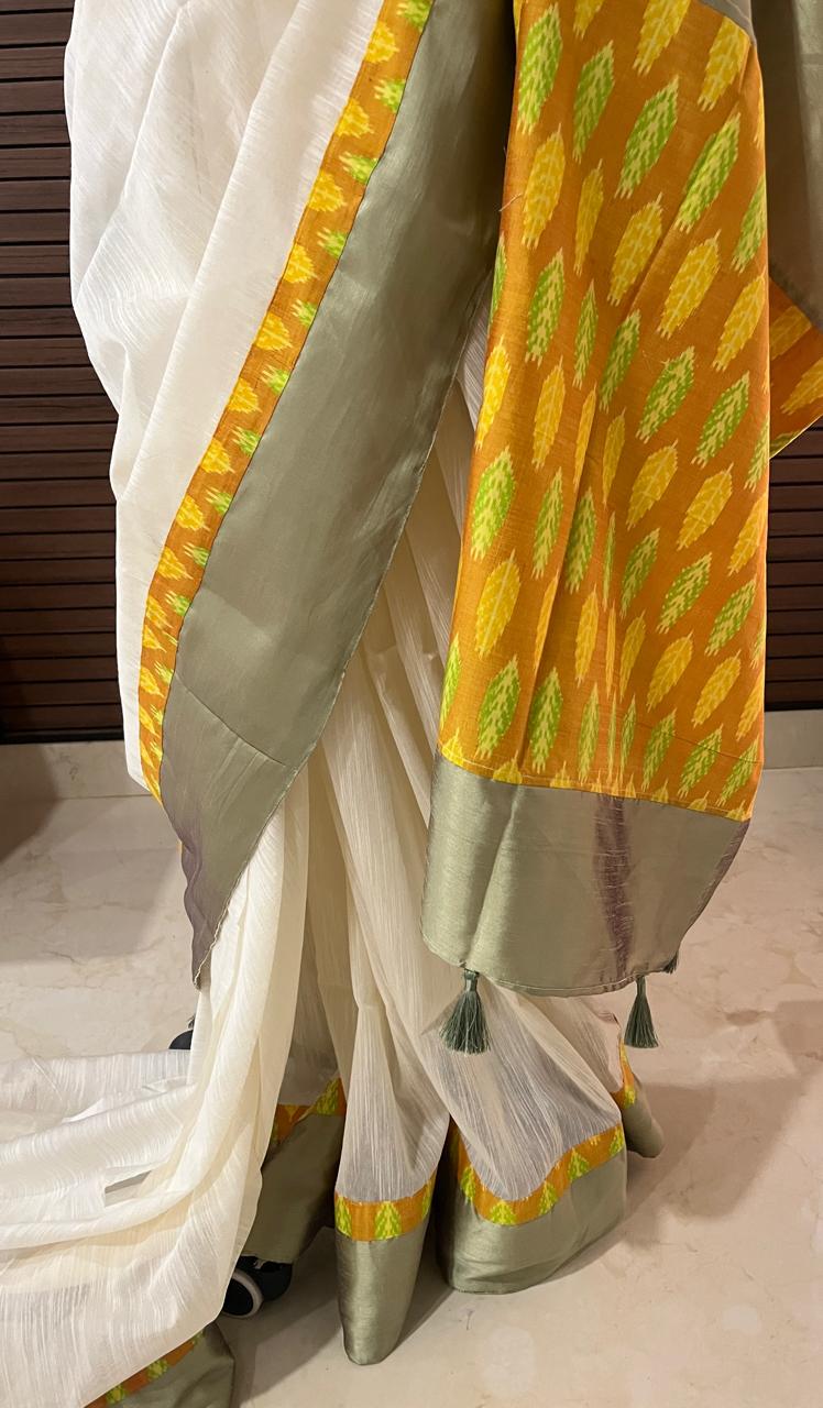 Cream and Green Ikkat Designer Cotton Saree | Swathi Nanda Sarees