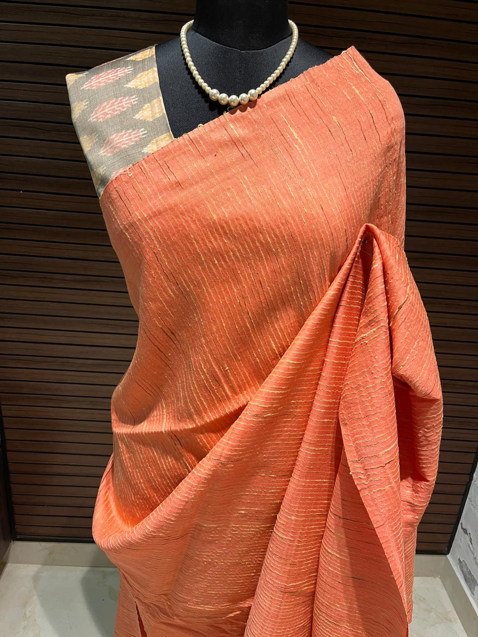 Pink and Grey Semi Tussar Saree with pochampally Ikkat Blouse | Swathi Nanda Sarees