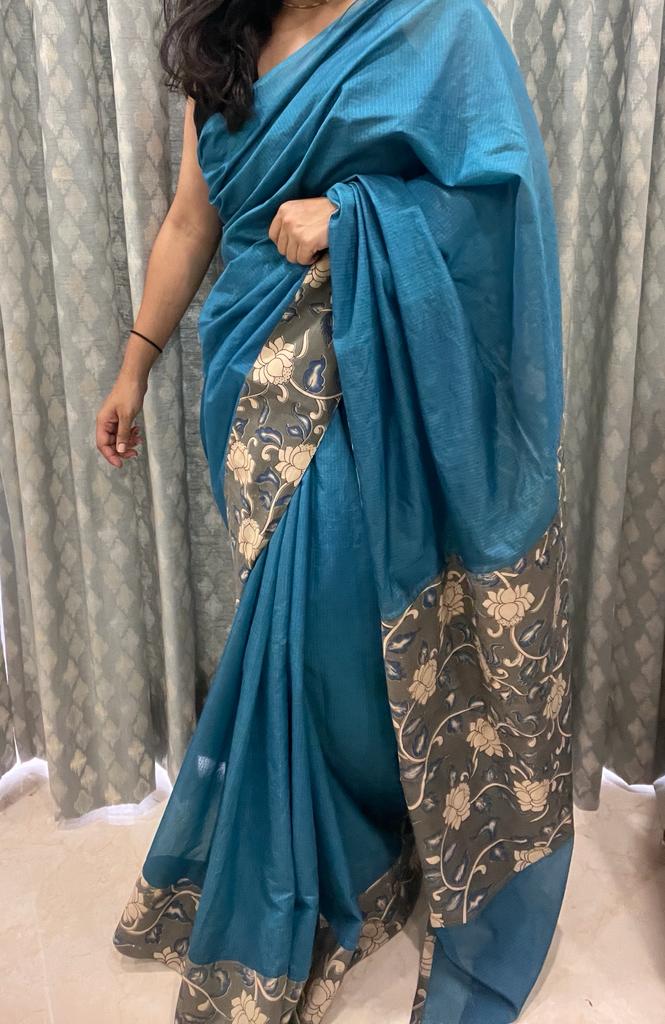 Blue and Grey Cotton Designer Kalamkari Saree | Swathi Nanda Sarees