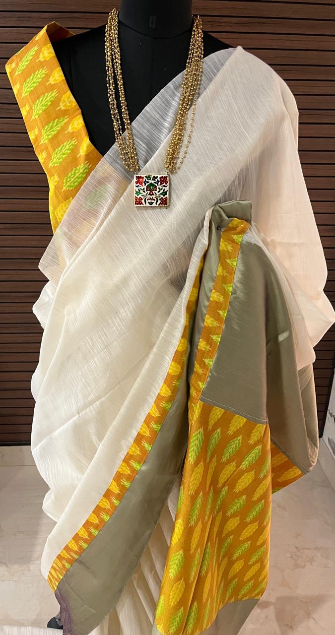 Cream and Green Ikkat Designer Cotton Saree | Swathi Nanda Sarees