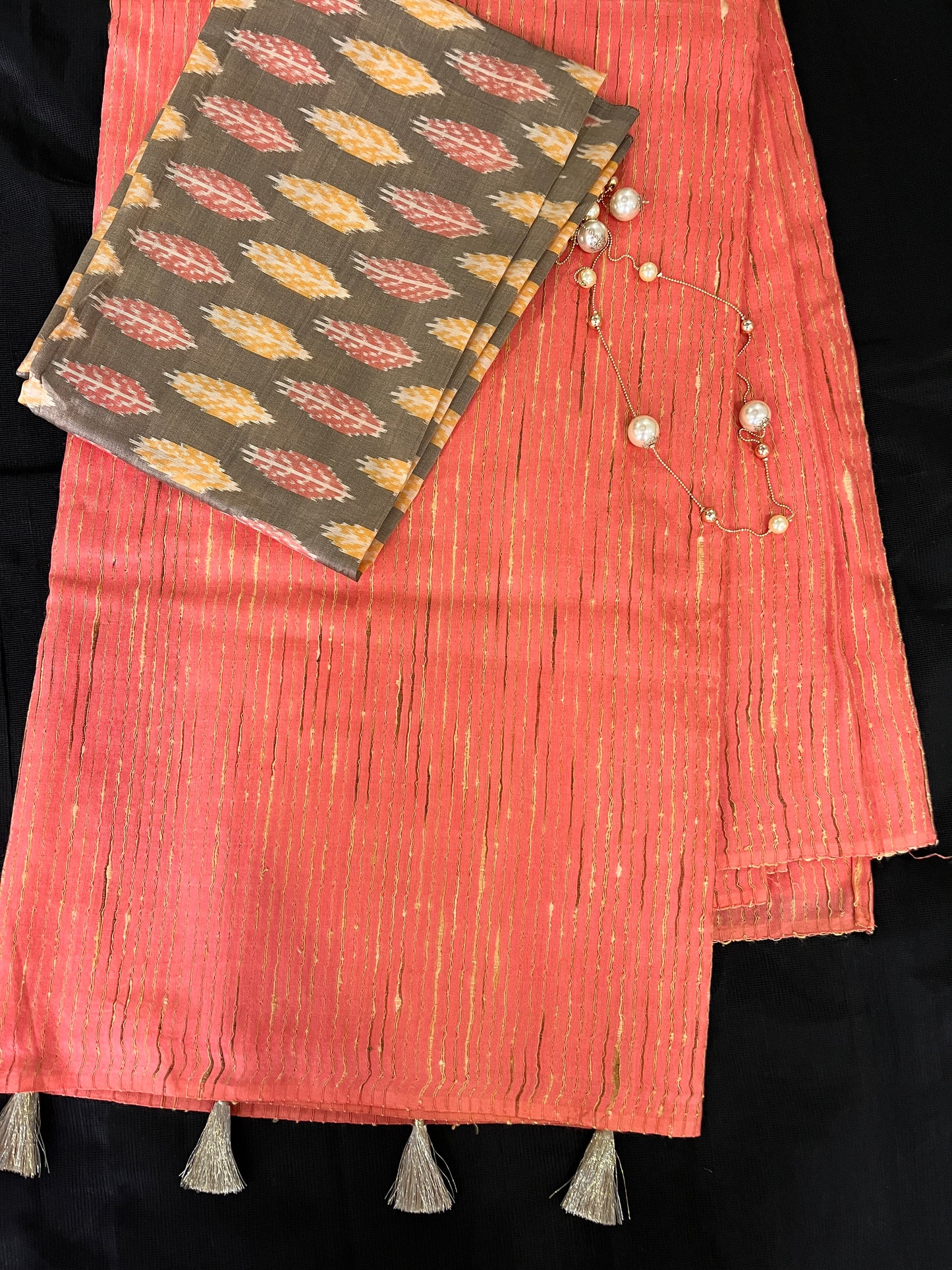 Pink and Grey Semi Tussar Saree with pochampally Ikkat Blouse | Swathi Nanda Sarees