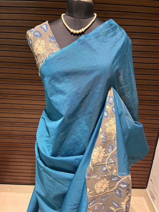 Blue and Grey Cotton Designer Kalamkari Saree | Swathi Nanda Sarees