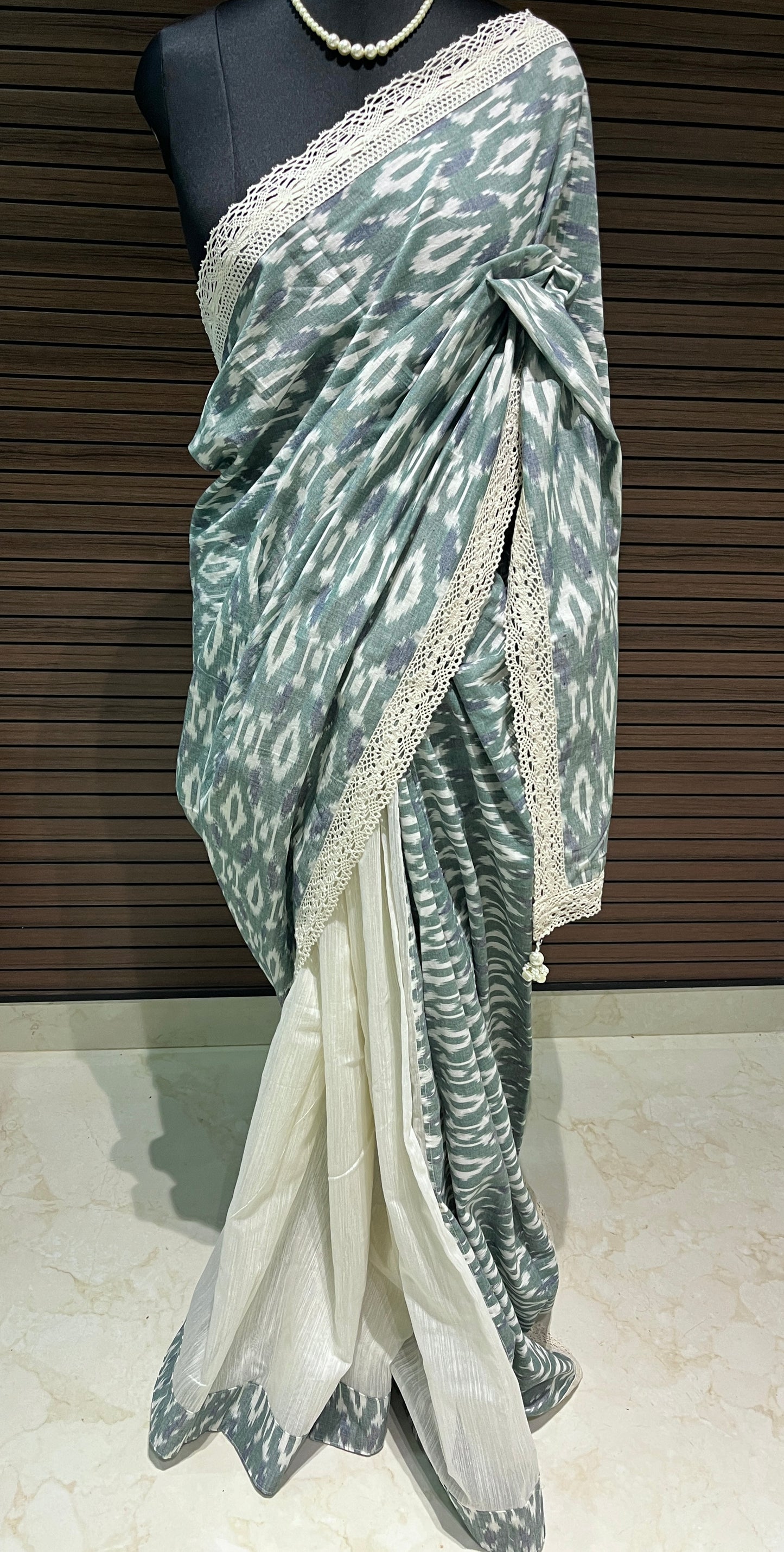 Cream and Green Ikkat Designer Cotton Saree | Swathi Nanda Sarees