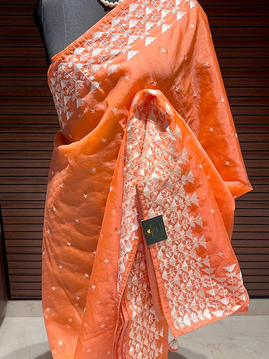 Orange Jamdani embroidered Organza Saree | Swathi Nanda Saree