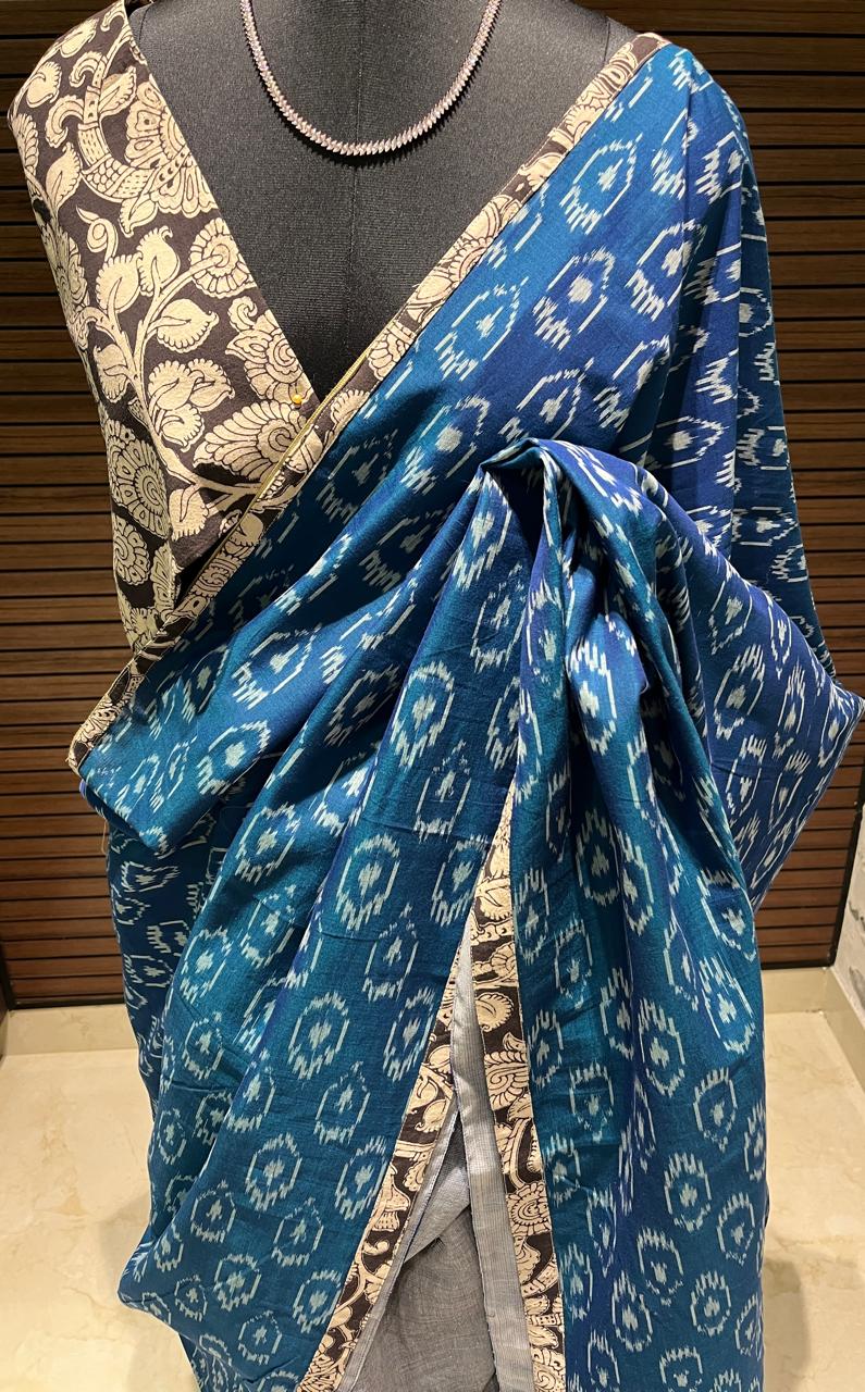 Blue and grey Ikkat Designer Cotton Saree | Swathi Nanda Sarees