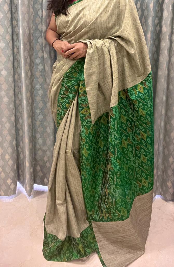 Green and Olive Ikkat Designer Cotton Saree | Swathi Nanda Sarees