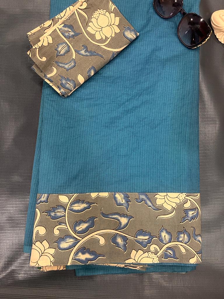 Blue and Grey Cotton Designer Kalamkari Saree | Swathi Nanda Sarees