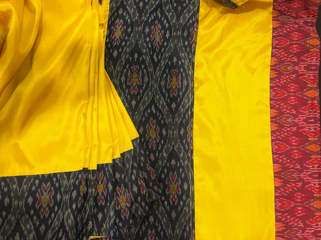 Yellow and Blue pochampally Ikkat Designer Saree | Swathi Nanda Sarees