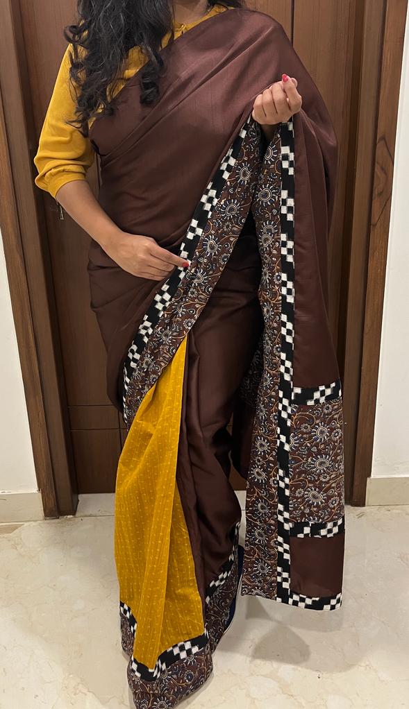 Brown and yellow Cotton Designer Kalamkari Saree | Swathi Nanda Sarees