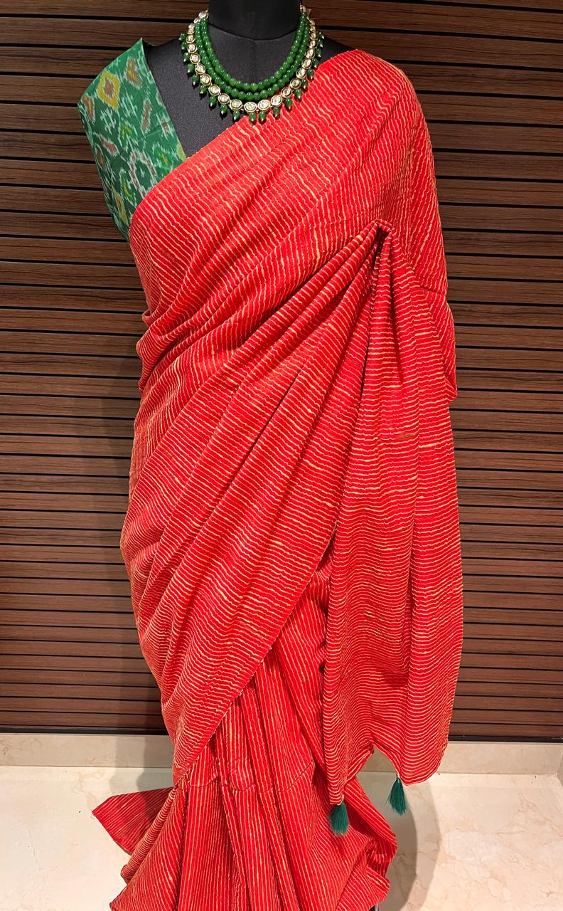 Red Semi Tussar Saree with pochampally Ikkat Blouse | Swathi Nanda Sarees