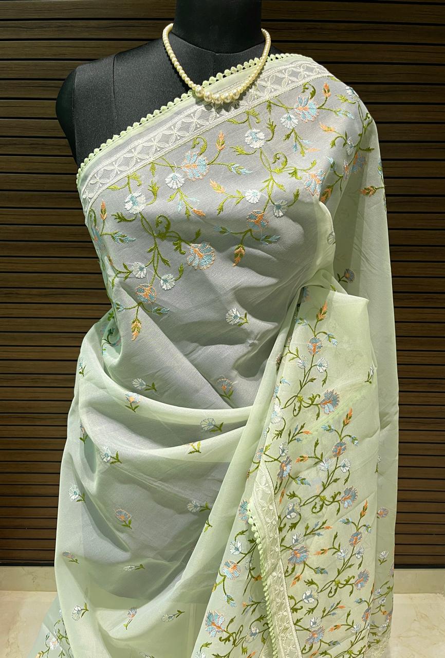 Maya Pastel Green Organza Saree | Swathi Nanda Sarees