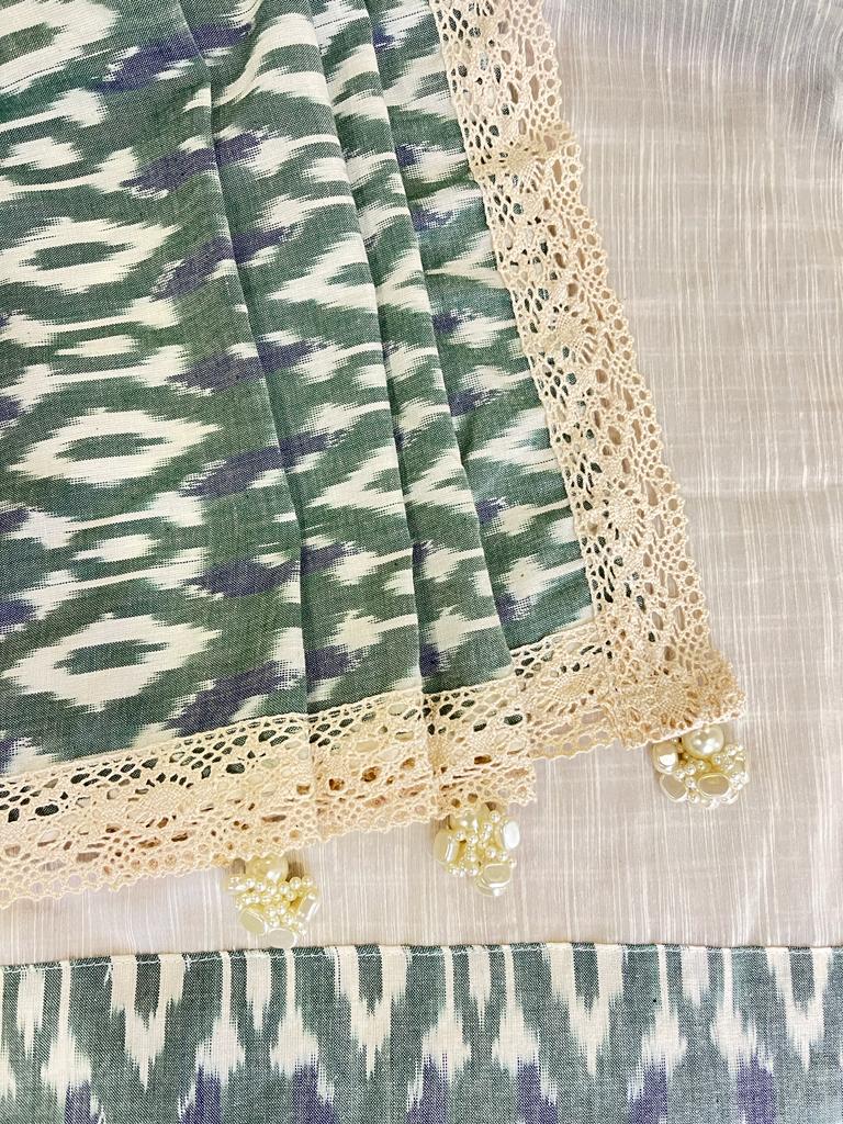 Cream and Green Ikkat Designer Cotton Saree | Swathi Nanda Sarees