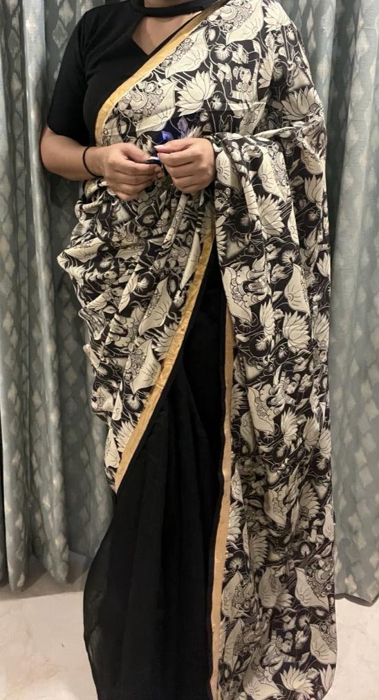 Cream and Black Cotton Designer Kalamkari Saree | Swathi Nanda Sarees