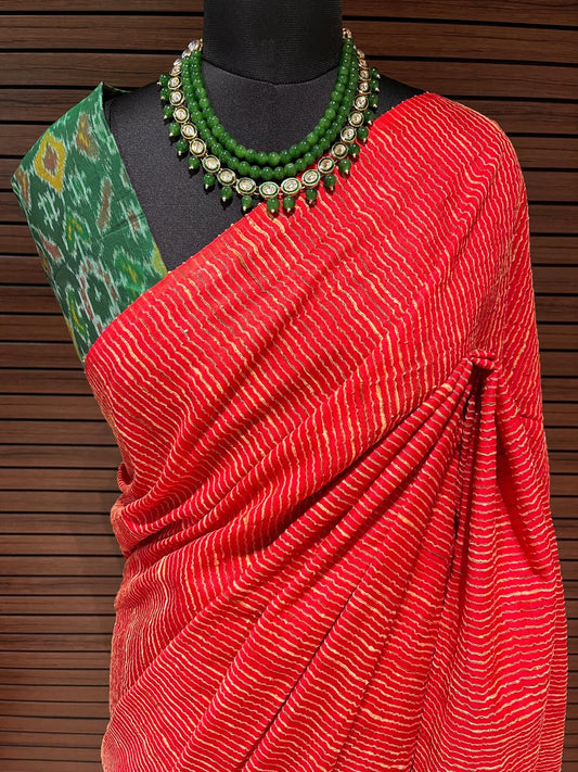 Red Semi Tussar Saree with pochampally Ikkat Blouse | Swathi Nanda Sarees