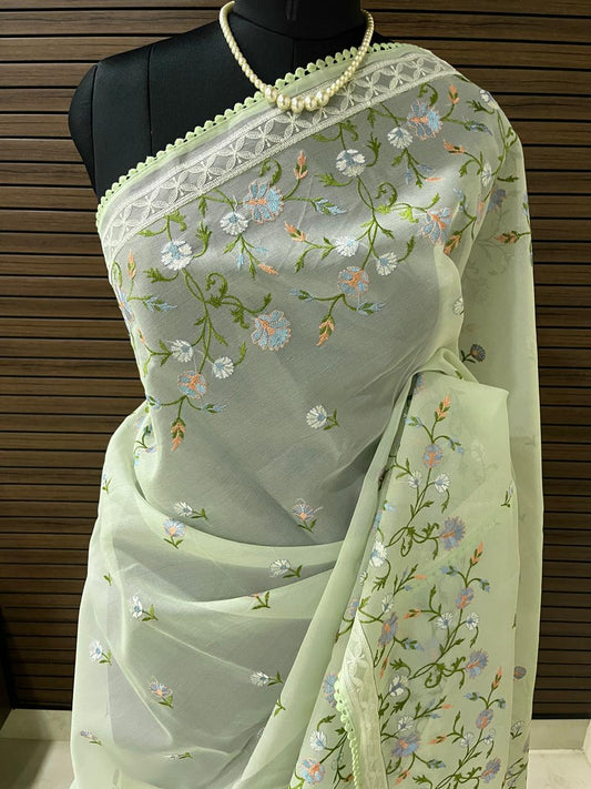 Maya Pastel Green Organza Saree | Swathi Nanda Sarees