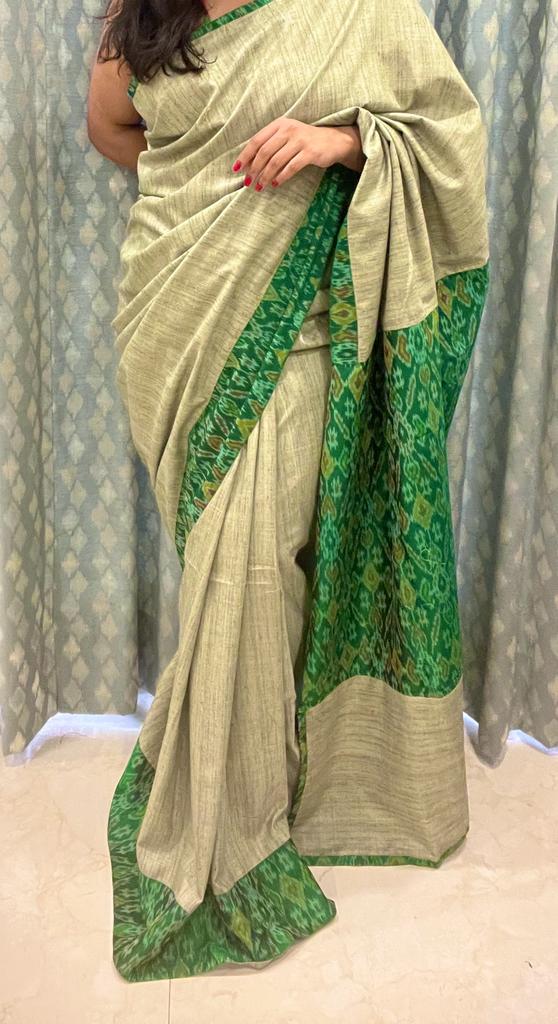 Green and Olive Ikkat Designer Cotton Saree | Swathi Nanda Sarees