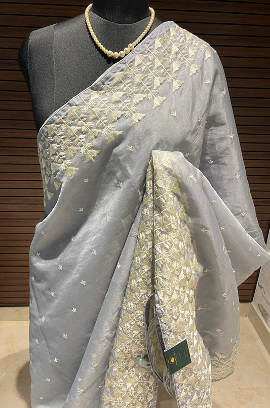 Grey Jamdani embroidered Organza Saree | Swathi Nanda Saree