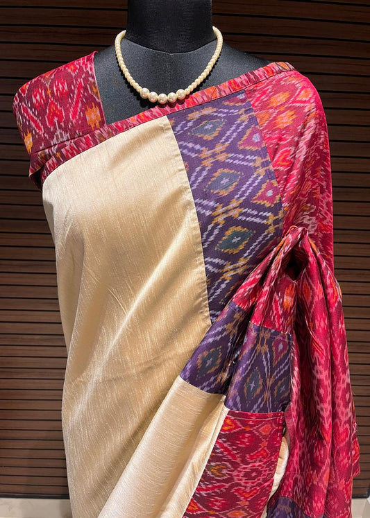 Cream and red pochampally Ikkat Designer Saree | Swathi Nanda Sarees